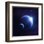 Earth and Moon in Outer Space with Rising Sun and Flying Meteorites-null-Framed Art Print