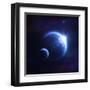 Earth and Moon in Outer Space with Rising Sun and Flying Meteorites-null-Framed Art Print