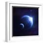 Earth and Moon in Outer Space with Rising Sun and Flying Meteorites-null-Framed Art Print