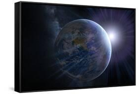 Earth And Sunrise From Space, Artwork-Detlev Van Ravenswaay-Framed Stretched Canvas