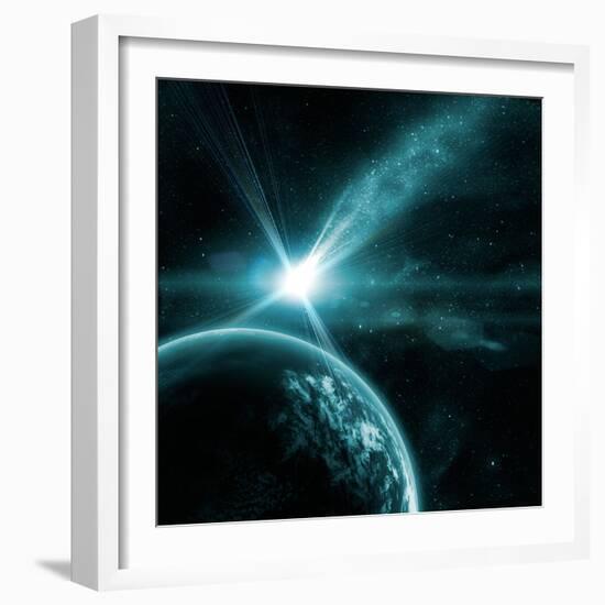 Earth in Space with a Flying Asteroid, Abstract Background-molodec-Framed Photographic Print