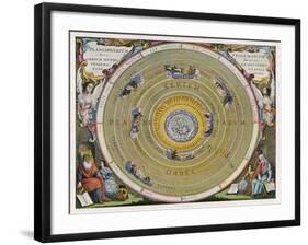 Earth is Depicted at the Centre of the Cosmos Circled by the Seven Planets Known to Him-Andreas Cellarius-Framed Art Print