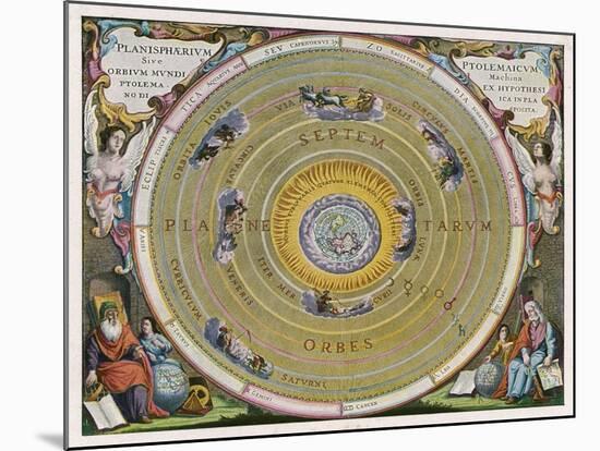 Earth is Depicted at the Centre of the Cosmos Circled by the Seven Planets Known to Him-Andreas Cellarius-Mounted Art Print