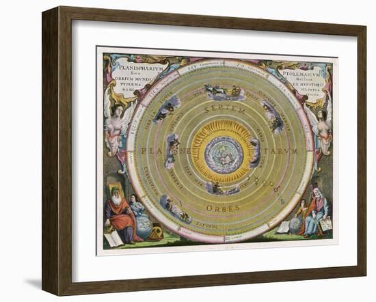 Earth is Depicted at the Centre of the Cosmos Circled by the Seven Planets Known to Him-Andreas Cellarius-Framed Art Print