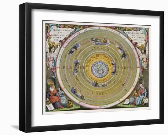 Earth is Depicted at the Centre of the Cosmos Circled by the Seven Planets Known to Him-Andreas Cellarius-Framed Art Print