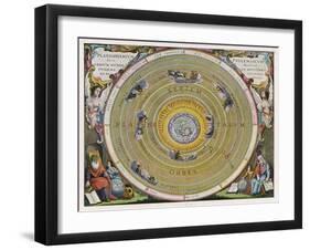 Earth is Depicted at the Centre of the Cosmos Circled by the Seven Planets Known to Him-Andreas Cellarius-Framed Art Print