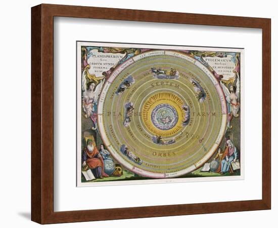 Earth is Depicted at the Centre of the Cosmos Circled by the Seven Planets Known to Him-Andreas Cellarius-Framed Art Print