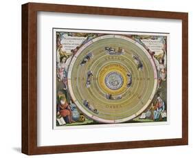 Earth is Depicted at the Centre of the Cosmos Circled by the Seven Planets Known to Him-Andreas Cellarius-Framed Art Print