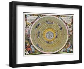 Earth is Depicted at the Centre of the Cosmos Circled by the Seven Planets Known to Him-Andreas Cellarius-Framed Art Print