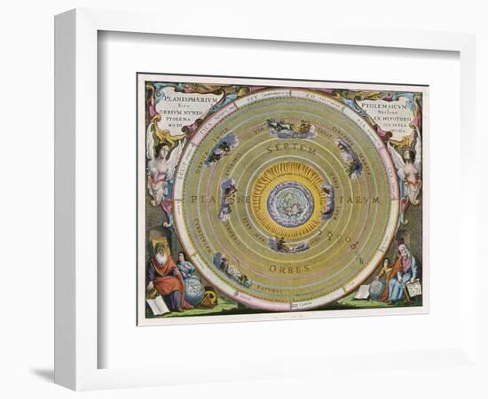 Earth is Depicted at the Centre of the Cosmos Circled by the Seven Planets Known to Him-Andreas Cellarius-Framed Art Print