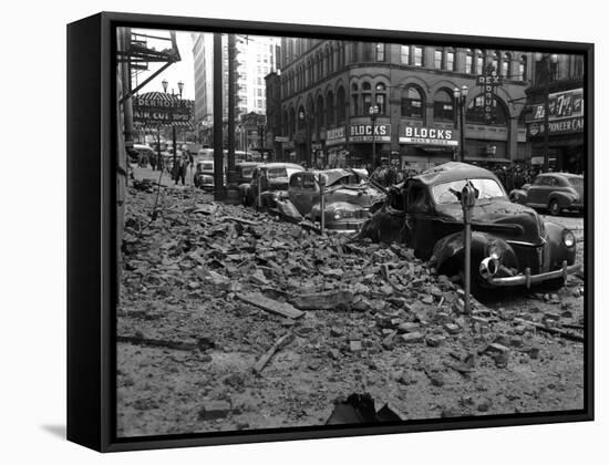 Earthquake Damage in Pioneer Square - Seattle, WA-Lantern Press-Framed Stretched Canvas