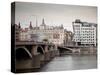 East Bank of Vltava River with Dancing House and Jiraskuv Bridge, Prague, Czech Republic-Nick Servian-Stretched Canvas