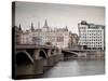 East Bank of Vltava River with Dancing House and Jiraskuv Bridge, Prague, Czech Republic-Nick Servian-Stretched Canvas