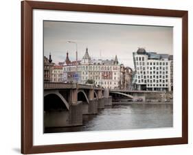 East Bank of Vltava River with Dancing House and Jiraskuv Bridge, Prague, Czech Republic-Nick Servian-Framed Photographic Print