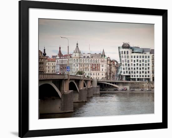 East Bank of Vltava River with Dancing House and Jiraskuv Bridge, Prague, Czech Republic-Nick Servian-Framed Photographic Print