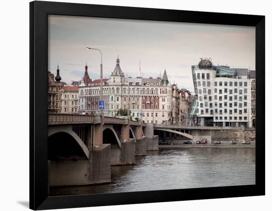 East Bank of Vltava River with Dancing House and Jiraskuv Bridge, Prague, Czech Republic-Nick Servian-Framed Photographic Print