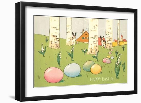 Easter Bunnies and Eggs Amid Birch Trees-null-Framed Art Print