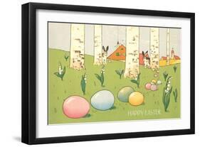 Easter Bunnies and Eggs Amid Birch Trees-null-Framed Art Print