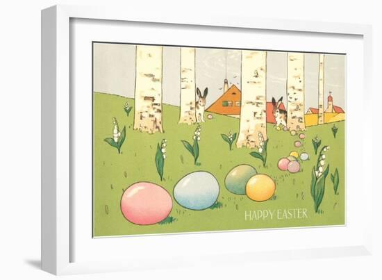 Easter Bunnies and Eggs Amid Birch Trees-null-Framed Art Print