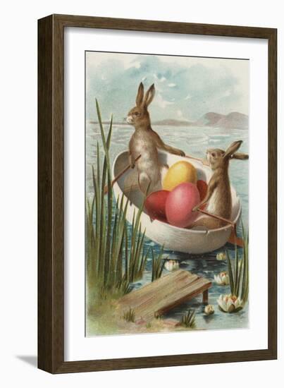 Easter - Bunnies in a Boat with Colored Eggs-Lantern Press-Framed Art Print