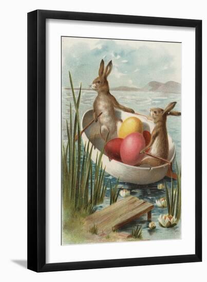 Easter - Bunnies in a Boat with Colored Eggs-Lantern Press-Framed Art Print