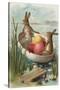 Easter - Bunnies in a Boat with Colored Eggs-Lantern Press-Stretched Canvas