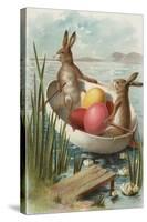 Easter - Bunnies in a Boat with Colored Eggs-Lantern Press-Stretched Canvas