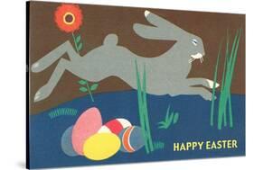 Easter Bunny Loping over Eggs-null-Stretched Canvas