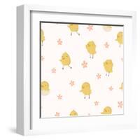 Easter Concept Seamless Pattern. Cute Small Chickens in Flowers-artnis-Framed Art Print