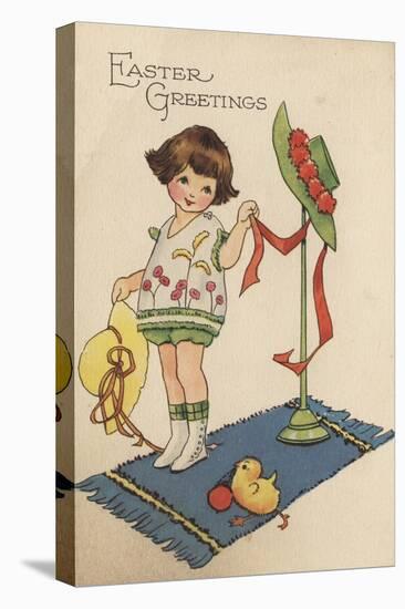 Easter Greetings - Girl with Yellow Hat and Chick-Lantern Press-Stretched Canvas