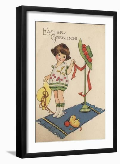 Easter Greetings - Girl with Yellow Hat and Chick-Lantern Press-Framed Art Print