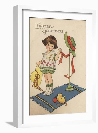 Easter Greetings - Girl with Yellow Hat and Chick-Lantern Press-Framed Art Print