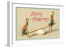 Easter Greetings, Rabbits on Seesaw-null-Framed Art Print