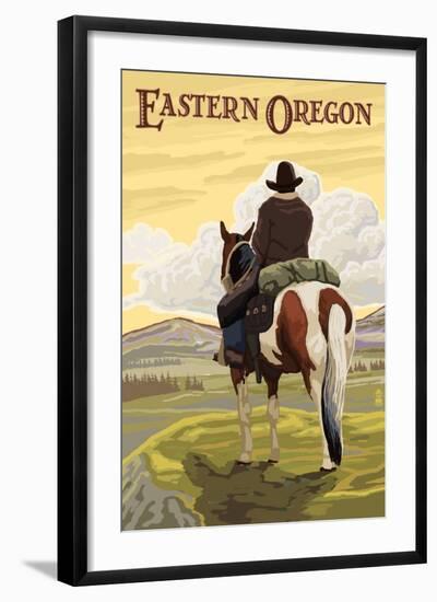 Eastern Oregon - Cowboy and Horse-Lantern Press-Framed Premium Giclee Print