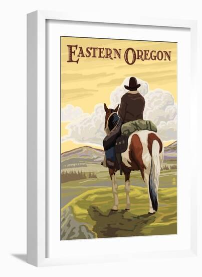 Eastern Oregon - Cowboy and Horse-Lantern Press-Framed Art Print