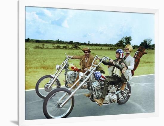 Easy Rider by DennisHopper with Dennis Hopper, Peter Fonda and Jack Nickolson, 1969 (motos Harley D-null-Framed Photo