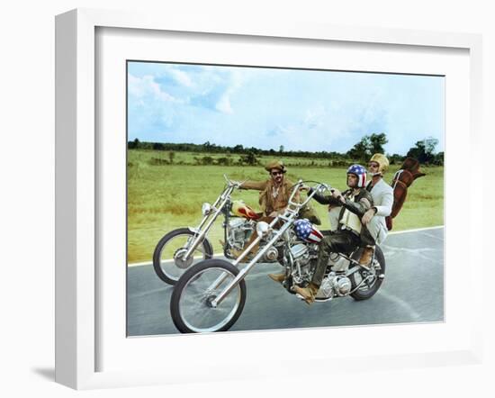 Easy Rider by DennisHopper with Dennis Hopper, Peter Fonda and Jack Nickolson, 1969 (motos Harley D-null-Framed Photo