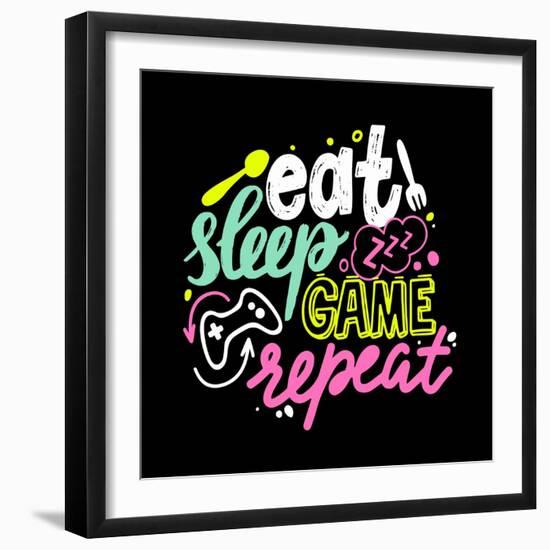 Eat, Sleep, Game, Repeat Gamer Lettering and Doodle Elements. T-Shirt Print, Banner with Creative G-invincible_bulldog-Framed Photographic Print