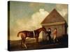 Eclipse', a Dark Chestnut Racehorse Held by a Groom, with a Jockey, Possibly Jack Oakley, by the…-George Stubbs-Stretched Canvas