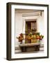 Ecuador, Quito. La Ronda neighborhood scenic of flower pots in window.-Jaynes Gallery-Framed Photographic Print