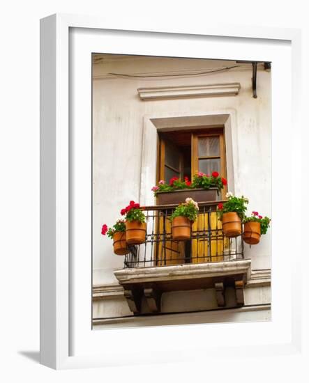 Ecuador, Quito. La Ronda neighborhood scenic of flower pots in window.-Jaynes Gallery-Framed Photographic Print