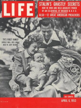 Actors Dezi Arnaz and Wife Lucille Ball with Children, Desi Jr. and Lucie, at Home, April 6, 1953