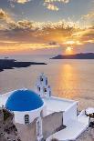 A white church with blue dome overlooking the Aegean Sea at sunset, Santorini, Cyclades-Ed Hasler-Photographic Print