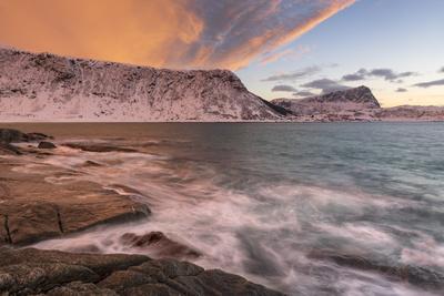 Dramatic sunset at Haukland Beach, Lofoten, Nordland, Arctic