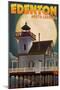 Edenton, North Carolina - Lighthouse and Moon-Lantern Press-Mounted Art Print