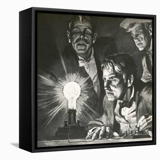 Edison's Experimentation with Light Bulbs-English School-Framed Stretched Canvas