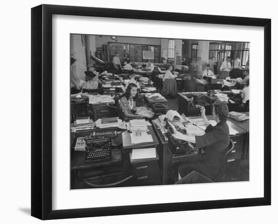 Editiorial Office of the Brooklyn Eagle Newspaper Where Staff Members are Busy in Newsroom-Alfred Eisenstaedt-Framed Photographic Print