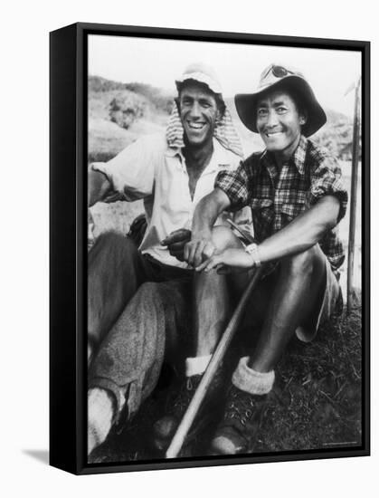 Edmund Hillary and Nepalese Sherpa Guide Tenzing Norgay Sitting Together-James Burke-Framed Stretched Canvas