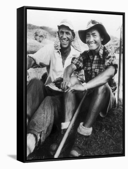 Edmund Hillary and Nepalese Sherpa Guide Tenzing Norgay Sitting Together-James Burke-Framed Stretched Canvas