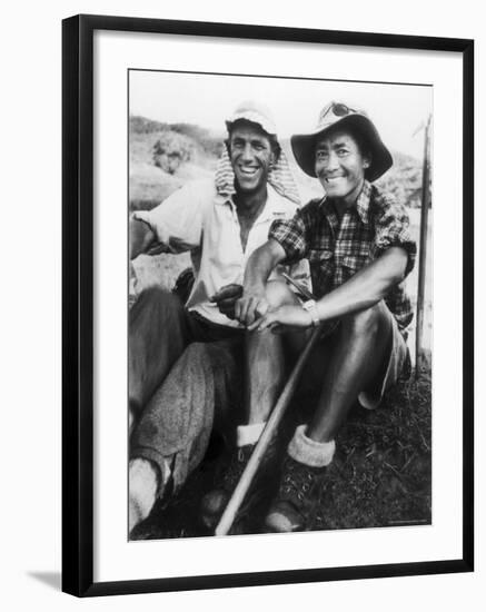 Edmund Hillary and Nepalese Sherpa Guide Tenzing Norgay Sitting Together-James Burke-Framed Premium Photographic Print